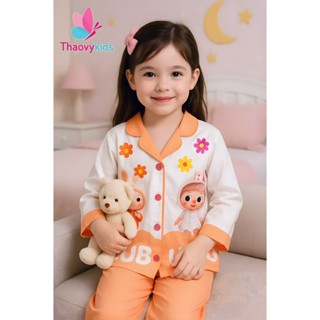 Bộ đồ ngủ bé gái vải Latin tay dài quần dài hình labubu – pijama mùa hè mát lạnh cho bé từ 10–65kg