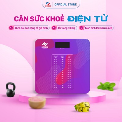 Cân Điện Tử Sức Khỏe Life360 AR-S18A - Cân Sức Khỏe Mini Mặt Kính Cường Lực, Cảm Biến Nhạy, Tải Trọng 180kg, Chính Hãng