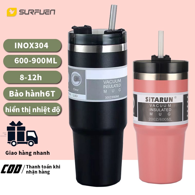 Ly giữ nhiệt Bình nước giữ nhiệt bằng thép không gỉ Black Pink, ly giữ nhiệt kèm ống hút có tay cầm 