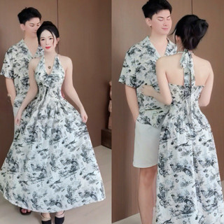 Set đồ đôi - áo váy sơ mi cặp đôi đi biển loang màu đen trắng cổ yếm phối nơ siêu hot