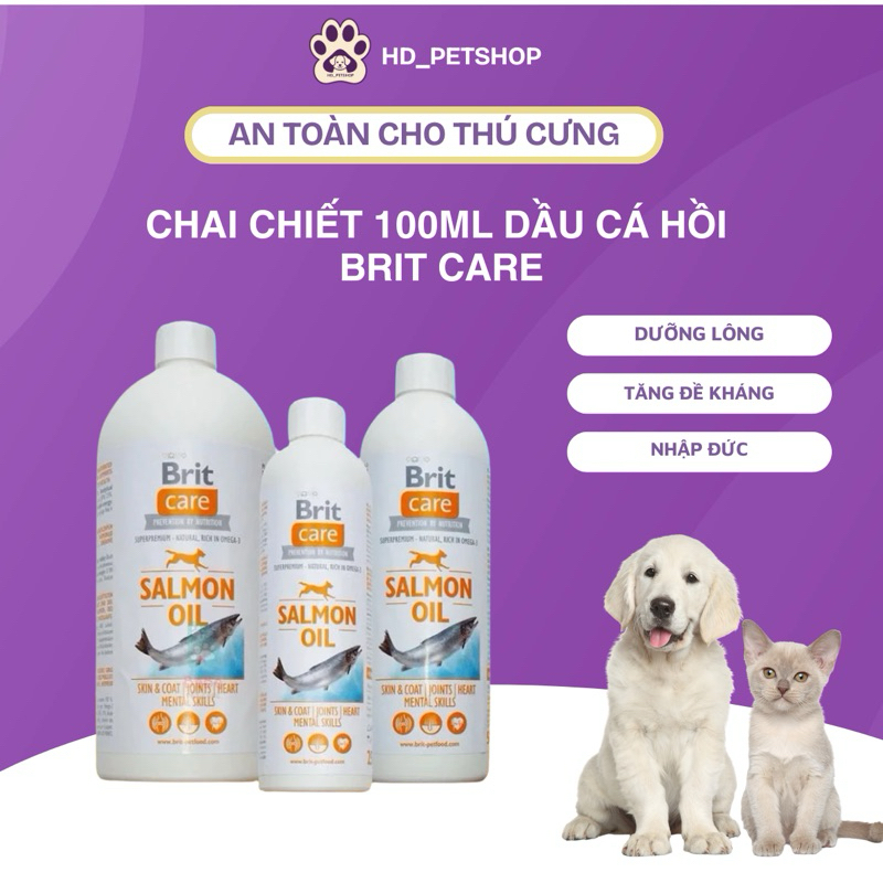 Chai chiết 100ml DẦU CÁ HỒI DƯỠNG LÔNG VÀ TĂNG ĐỀ KHÁNG CHO CHÓ MÈO BRIT CARE NHẬP ĐỨC