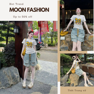 Set đồ thời trang nữ năng động áo thun in hình Moon Baby và quần short jean rách lưng ngố cá tính năng động thun