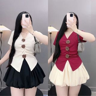 Set bộ Bigsize nữ 58-95kg áo kiểu tay dài/ngắn gắn nơ kèm chân váy bí ngô bồng bềnh có quần bảo hộ tôn dáng