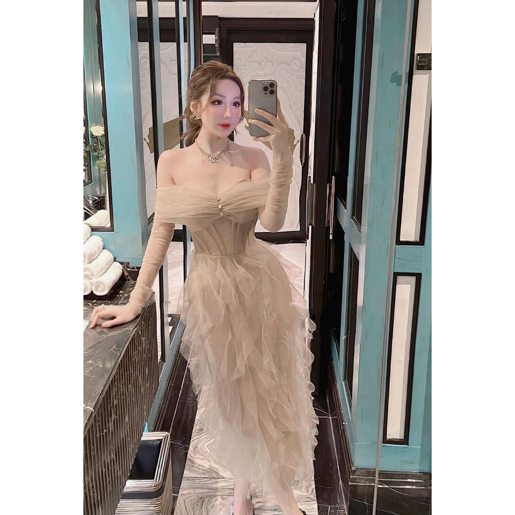 Đầm Body Trễ Vai Lưới Tầng Sang Chảnh Phối Tơ Đầm Dự Tiệc Sang Trọng ALYNA A115