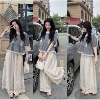 Set bộ dài thời trang tuổi teen áo for sọc caro tay ngắn dáng babydoll siêu cưng quần mango lưng chun—Xưởng May Thu Lê