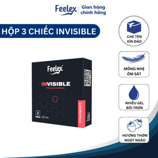 Bao cao su Feelex Invisible siêu mỏng, nhiều gel bôi trơn, hương dâu, nhỏ gọn - hộp 03 chiếc