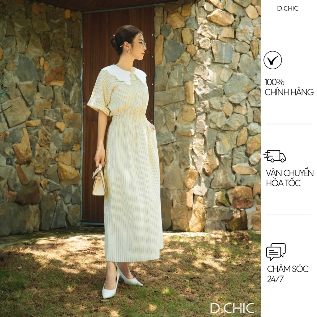 D.CHIC Váy kẻ tay cộc cổ sen trắng MS: 2813738