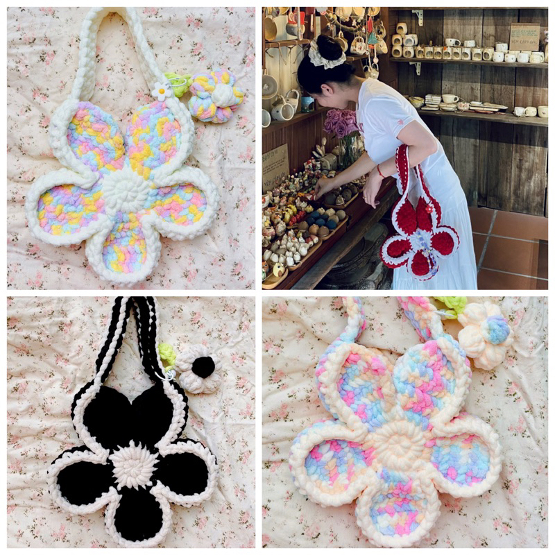Túi Hoa Len 25cm - Bloom Flower Bag handmade TẶNG kèm hoa nhỏ treo túi🌷