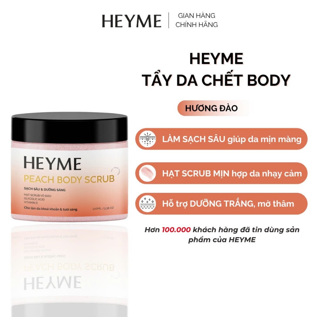 Kem Tẩy Tế Bào Chết Body Trắng Da Heyme Hỗ Trợ Giảm Thâm Sần, Hương Đào Dịu Nhẹ ( 220ml)