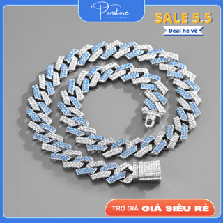  Dây chuyền đính đá nam nữ cuban PUN dạng chuỗi khóa gài màu xanh ngọc chất liệu thép titan không gỉ - XAVY Đá 