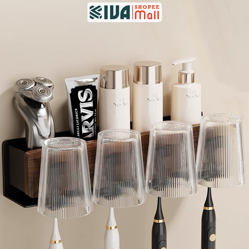 Kệ để bàn chải đánh răng,hộp đựng bàn chải, kem đánh răng KIVA, chất liệu gỗ óc chó cao cấp