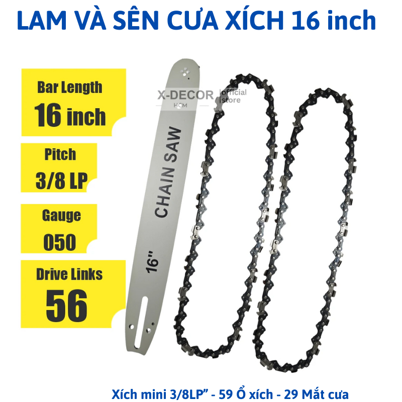 Set Dây Sên Xích Cưa Và Thanh Lam Cưa 16 inch Chân Xích 3/8 Và Chân 325, Xích Cưa Mini 16inch