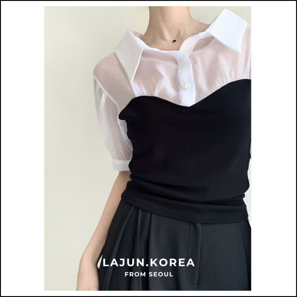 [LAJUN KOREA] Áo Blouse Roman Cổ Sơ Mi Tay Bồng Thân Áo Thun Gân Co Giãn Thanh Lịch Hàn Quốc