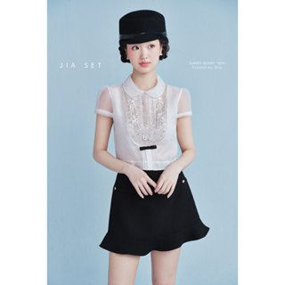  JOIE DES ROSES - Set áo sơ mi croptop phối vải voan đính cườm và chân váy chữ A xòe gấu JIA Set 