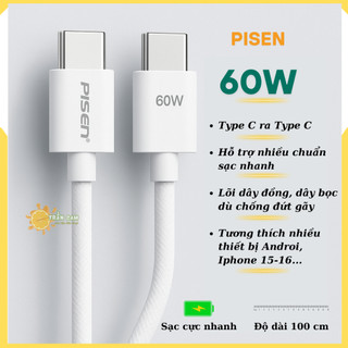  Cáp Sạc Nhanh Pisen 60W Type-C to Type-C Dây Dù Siêu Bền Dài 1M Tương Thích Android IP 15-16 