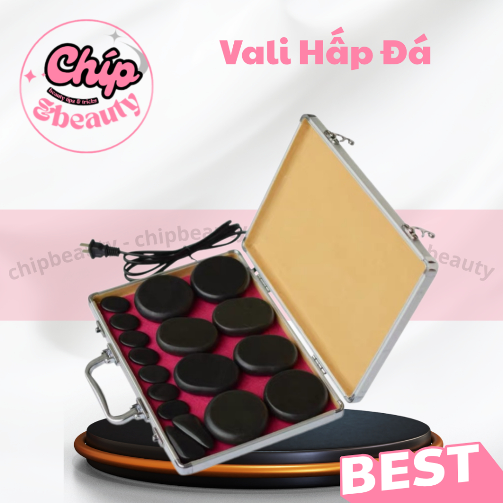 Hộp hấp đá nóng massage cắm điện kèm bộ 16 viên đá nóng massage body, vali hấp đá nóng