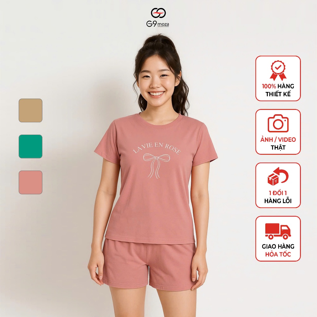 Bộ đồ nữ cộc tay in nơ G9moza, chất cotton mềm mịn thoáng mát