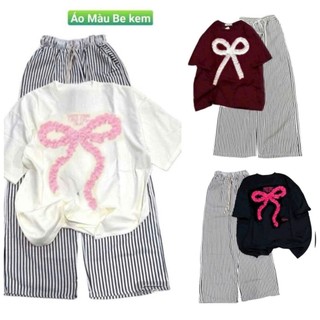  Sét bộ quần ống rộng kẻ sọc vằn  Chất Đũi Xốp + mix áo phông  unisex form rộng tay lỡ- nơ rúm 