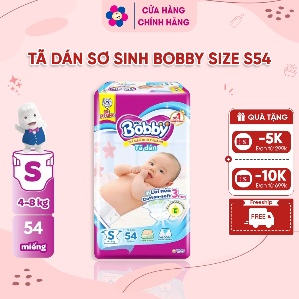 Tã Dán Sơ Sinh Bobby Siêu Thấm S54 (Size 4-8kg) - Lõi Nén Cotton-Soft 3mm