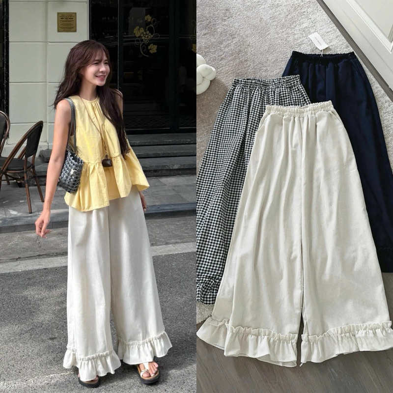 Quần THÔ LINEN SẦN màu BE ống rộng gấu bèo loe to cạp chun Quần NỮ the.sweaterweather TSW
