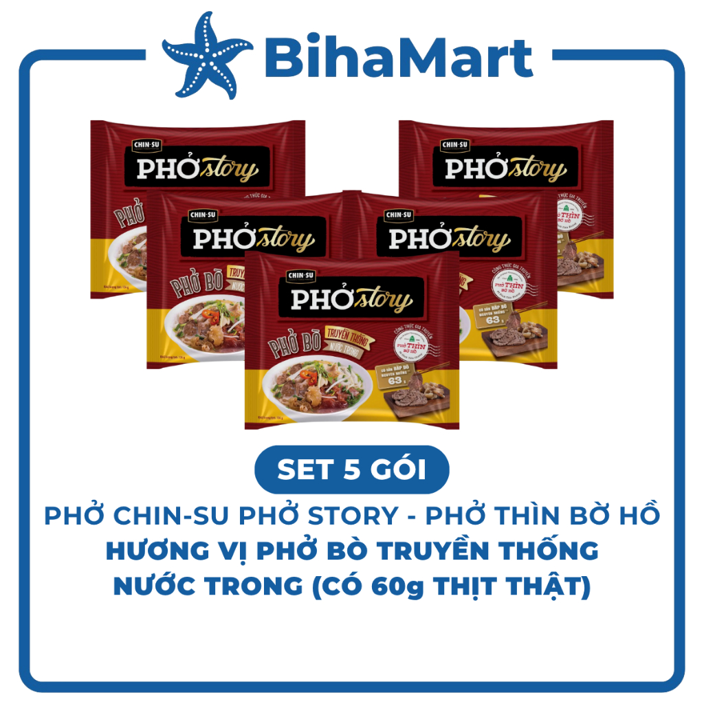 [SET 5 GÓI] - MASAN - Chinsu Phở Story GÓI 131g (CÓ THỊT THẬT), Phở Thìn bờ hồ ăn liền, Phở bò truyề