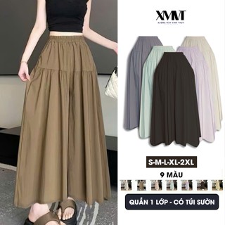 Quần dài nữ ống rộng nhún 2 tầng dáng váy xoè nhẹ cạp chun có big size màu đen nâu ghi be mặc 4 mùa (QD81- DÀI)