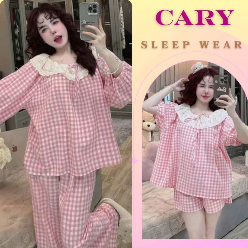 Đồ ngủ nữ pijama mặc nhà set bộ đồ ngủ pyjama cổ bèo phối ren chất liệu đũi xốp họa tiết kẻ caro dễ 