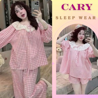 Đồ ngủ nữ pijama mặc nhà set bộ đồ ngủ pyjama cổ bèo phối ren chất liệu đũi xốp họa tiết kẻ caro dễ thương CARY