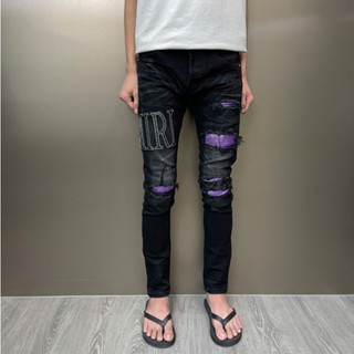 Quần jean ami đen xám vá đá tím thêu chữ da túi da bản siêu cấp hoótt neww 2025