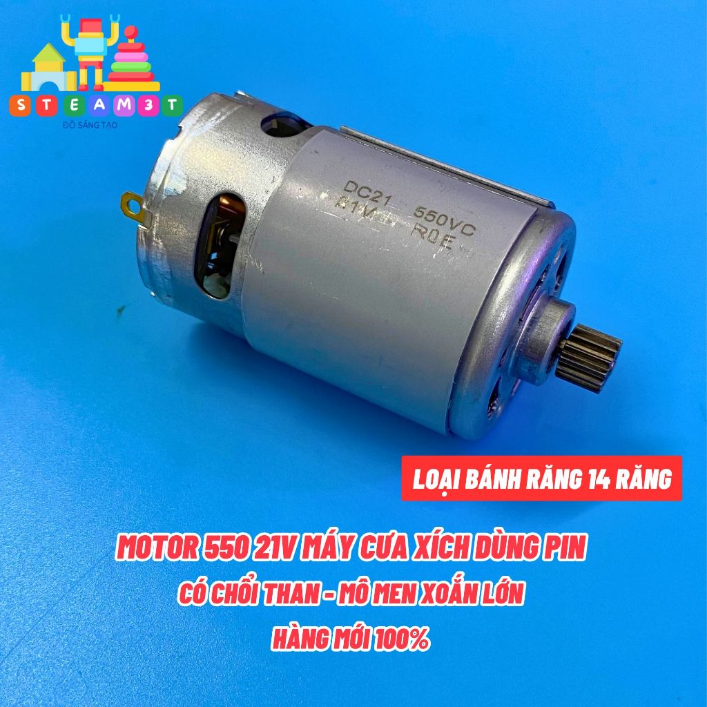 Motor động cơ máy cưa xích pin motor 550 DC 21V, hàng mới 100% có chổi than, kèm bánh răng 14 răng, 