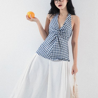 Seleen, Áo kẻ chất liệu linen cổ V vặn không tay, WT0160