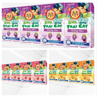Lốc 4 hộp sữa KUN trái cây vị Cam/ Dâu/ Nho 110ml