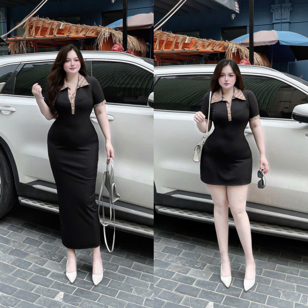 Đầm cổ trụ  thun gân hack dáng có big size