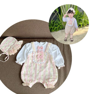 Body Yếm Xô 3 Nơ Xinh Xắn Cho Bé Gái, Body Dài Họa Tiết Kẻ Hoa Hồng Kèm Mũ Cho Bé Từ SS - 12kg