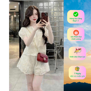 set bộ nữ sang chảnh,set bộ nữ mùa hè áo cộc tay ren hoa phối viền ren mix quần đùi mặc hè siêu xinh