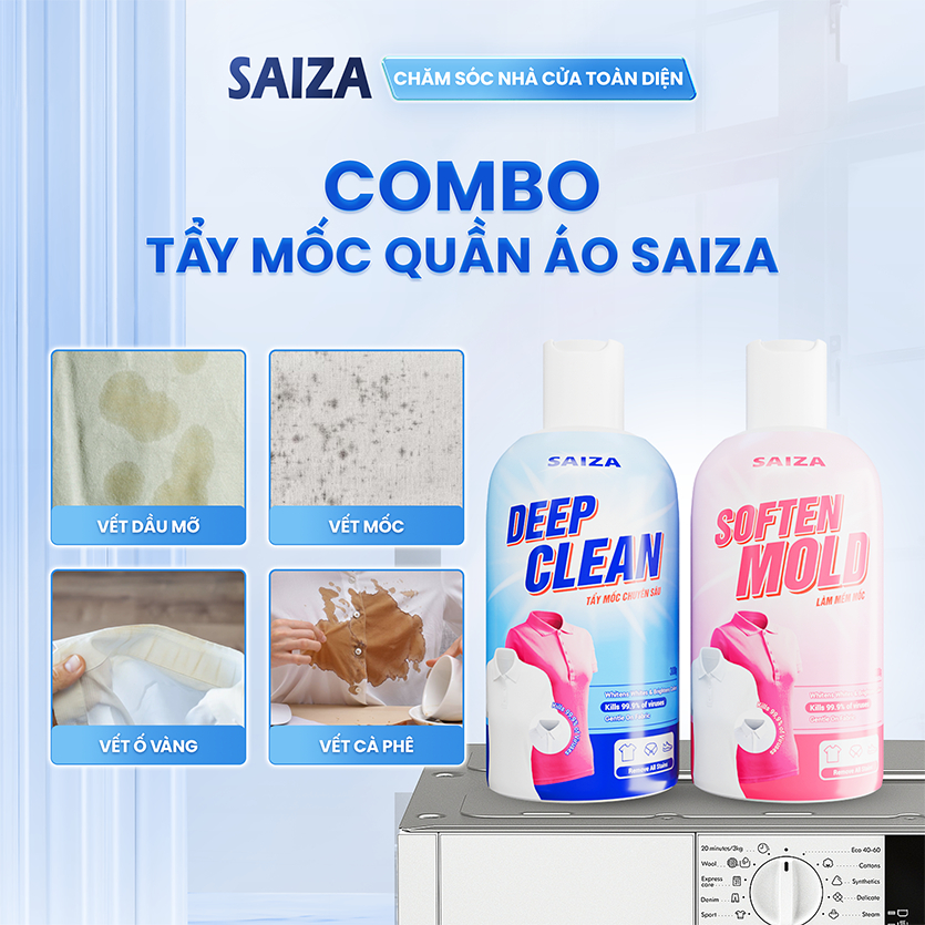 Bộ Tẩy Mốc Quần Áo SAIZA Làm Sạch Vết Ố Vàng, Vết Mốc, Thâm Kim, Vết Bẩn Dầu…