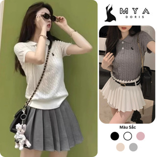 Áo len thêu ngựa cổ bẻ nữ, áo Polo dệt kim thêu ngựa len mỏng mềm mịn thoáng mát