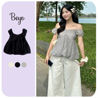 Áo kiểu babydoll ARI Beyo áo trễ vai tay ngắn chất liệu voan tơ phối cúc T191