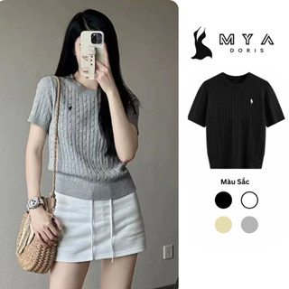 Áo len dệt kim tay ngắn nữ, áo len thêu ngựa cổ tròn vặn thừng len mềm mịn mát cao cấp