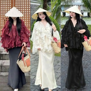 S936 (TÁO ĐỎ BIGSIZE 55-90KG) SET 3 MÓN BIGSIZE ÁO BÈO REN + ÁO 2 DÂY + CHÂN VÁY LỤA DÁNG DÀI