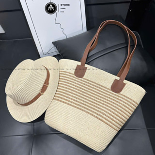 Set túi mũ cói quai da TA Store tua rua mix ngọc nơ ren đi biển đi chơi