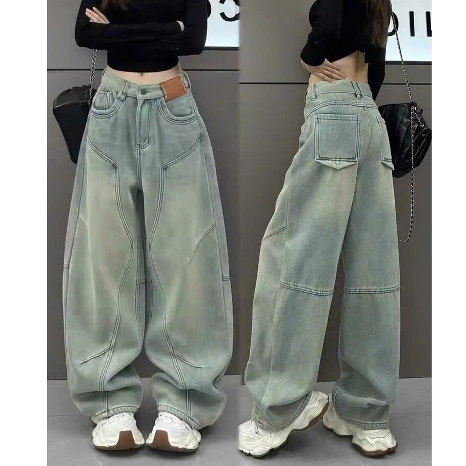 Quần jean nữ dài cạp trễ ống rộng kiểu dáng HipHop, quần denim nấm nữ tôn dáng phong cách Y2K_K75