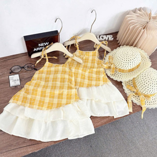 VÁY CARO 2 VÀNG KÈM MŨ BÉ GÁI