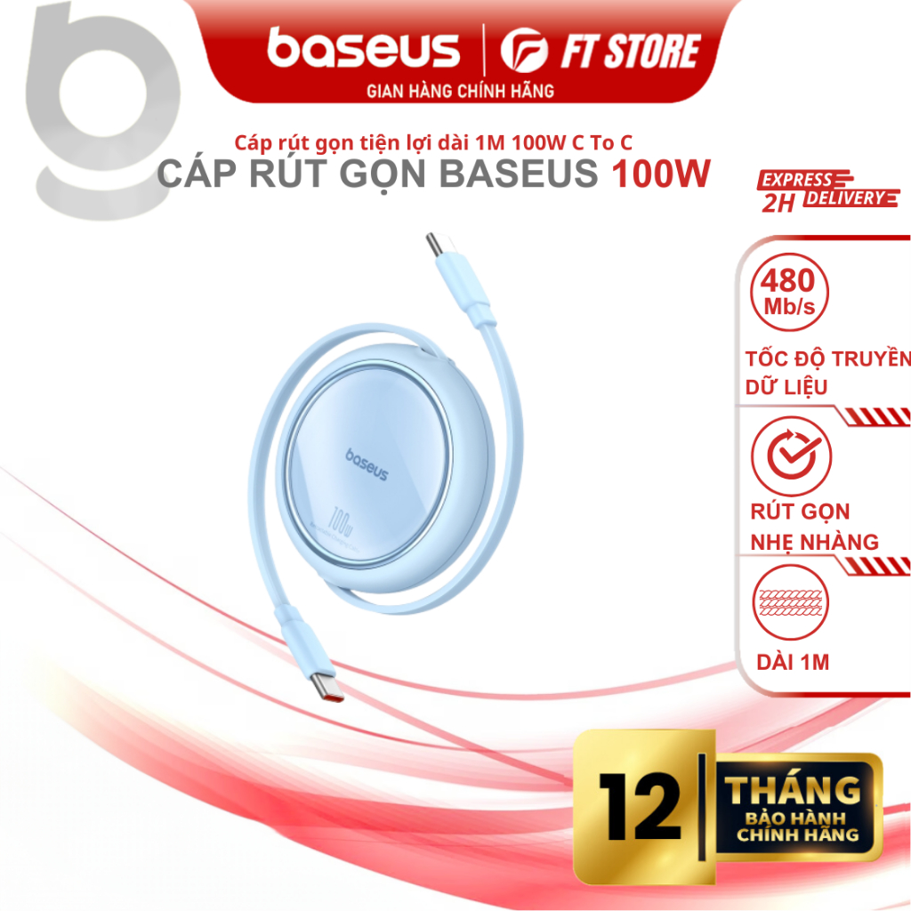 Cáp sạc nhanh rút gọn Baseus Free2Draw Mini Retractable Charging Cable Type-C to Type-C 100W