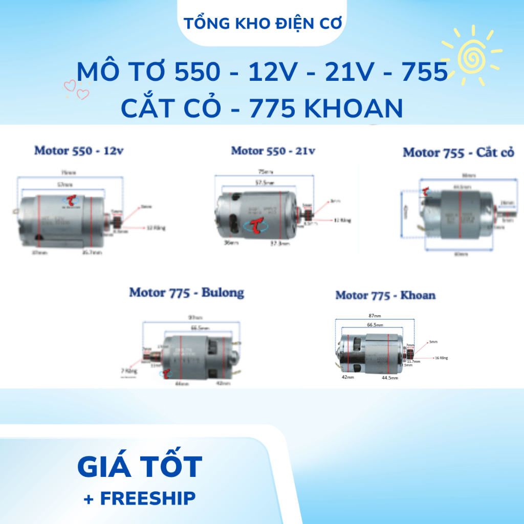 Mô tơ/ motor 550 12v, 21v, mô tơ cắt cỏ, mô tơ 775 khoan và bulong hàng đẹp