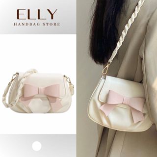 Túi xách nữ đính nơ hồng, túi đeo chéo có dây vai dễ thương, túi nữ dáng bầu form mềm