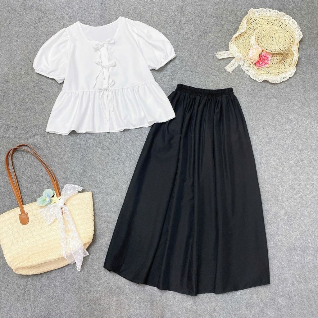 Set tiểu thư Bigsize nữ áo kiểu babydoll tay bồng kèm chân váy A dáng dài - SET (A191+CV15) thanh lị