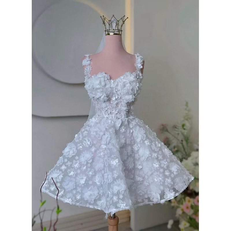 ELIES đầm cưới đi bàn dáng ngắn trên gối đính full hoa