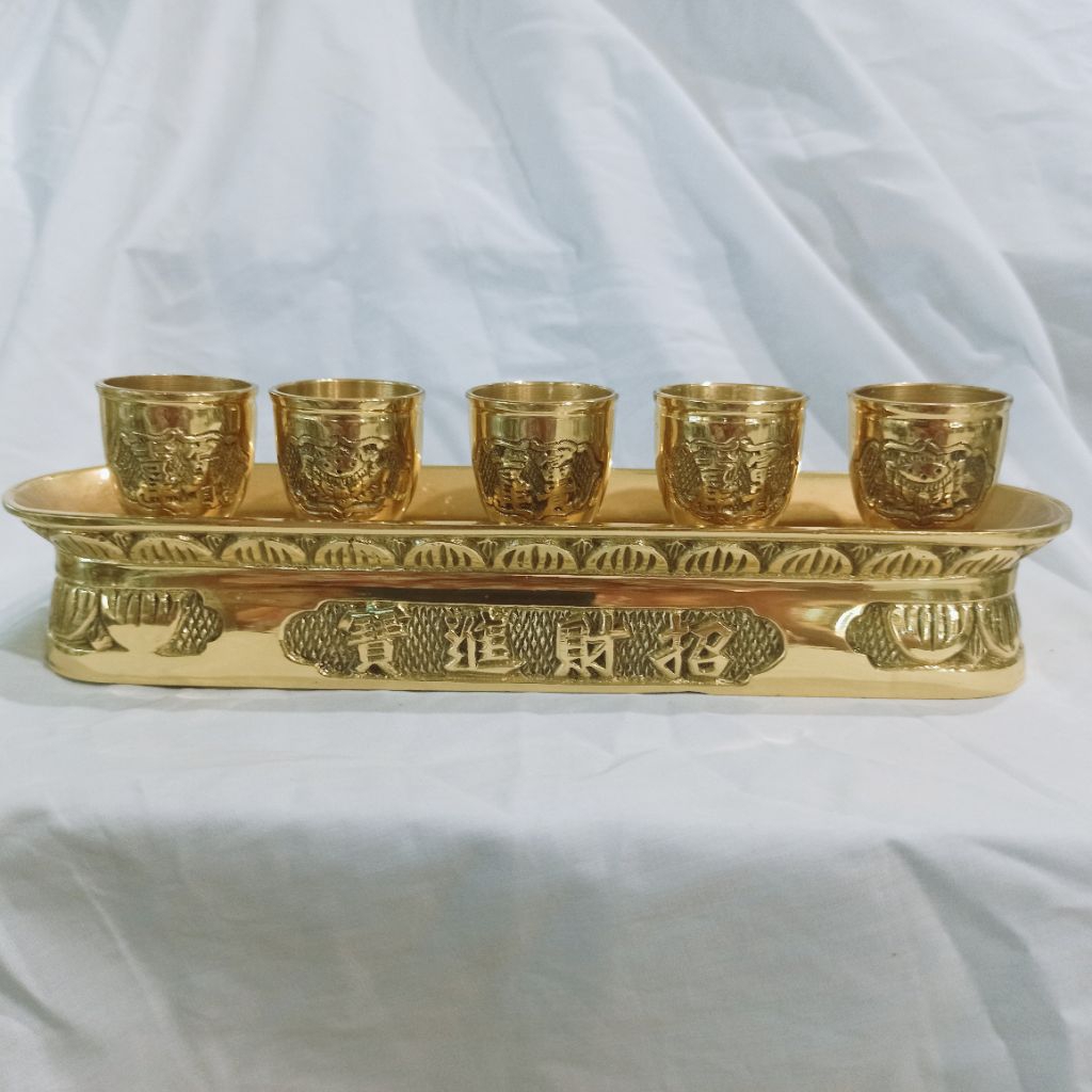 Khay 5 chung nước Áng 5 chung bằng đồng vàng thờ cúng Khay 5 chén Áng 5 ly