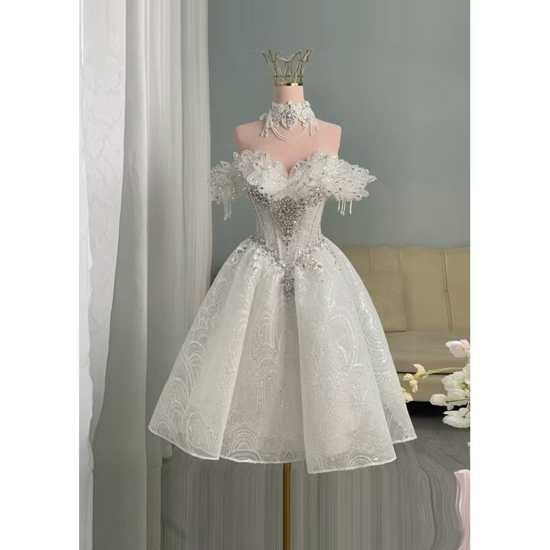 ELIES Đầm cưới đi bàn đính đá dáng lửng trễ vai nẹp gọng corset đan dây sau lưng